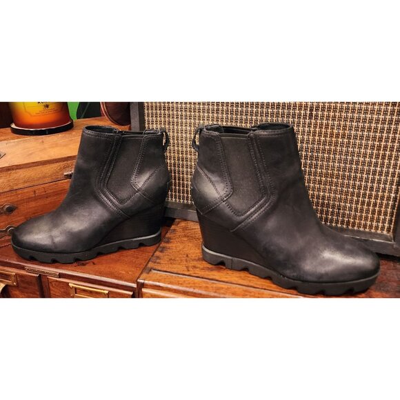 Sorel Black Leather Wedge Heel Ankle Boots Women's Size 8.5 M - Picture 10 of 11